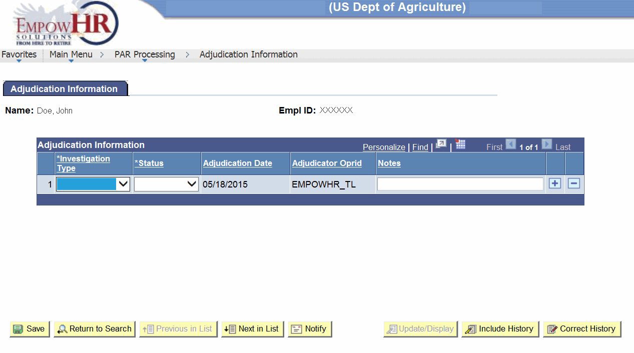 Adjudication Information Tab